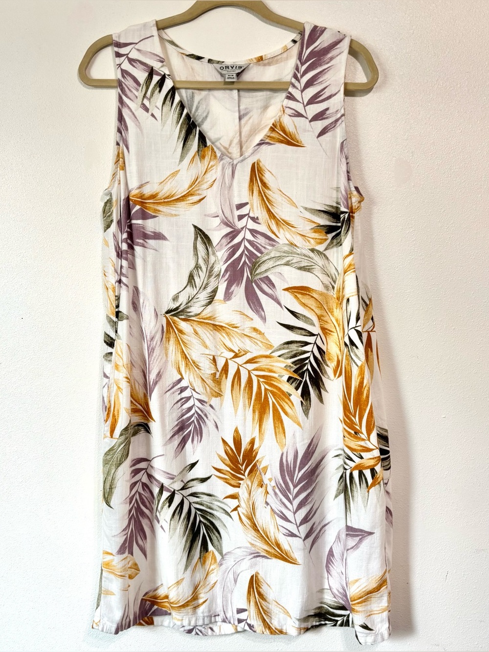 Orvis Mini Shift Dress Womens M Sleeveless Linen Blend Tropical Print Pockets